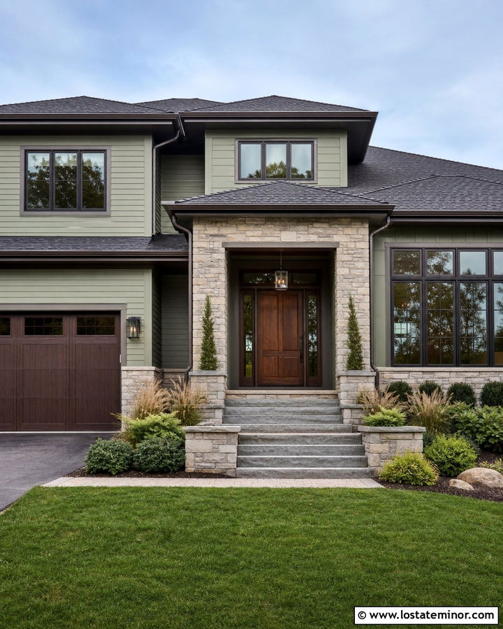 Sage Green House With Bronze Window Frames And Stone - 30 Sage Green House Design With Window Frames Ideas