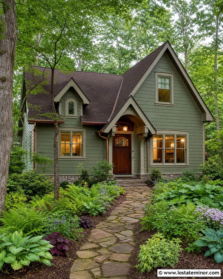 Sage Green House With Brown Roof And Woodland Garden - 30 Sage Green House Design With Landscaping Ideas