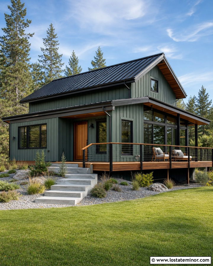 Sage Green House With Cable Railing Deck - 30 Sage Green House Design With Deck Ideas