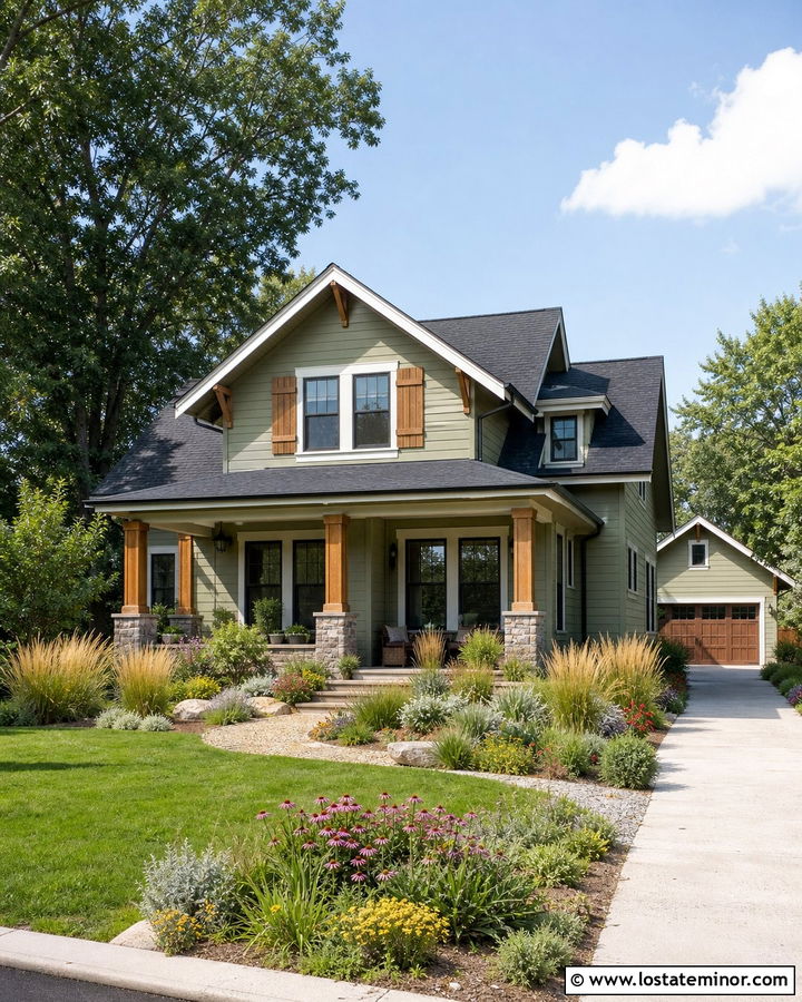 Sage Green House With Cedar Accents And Native Plants - 30 Sage Green House Design With Landscaping Ideas
