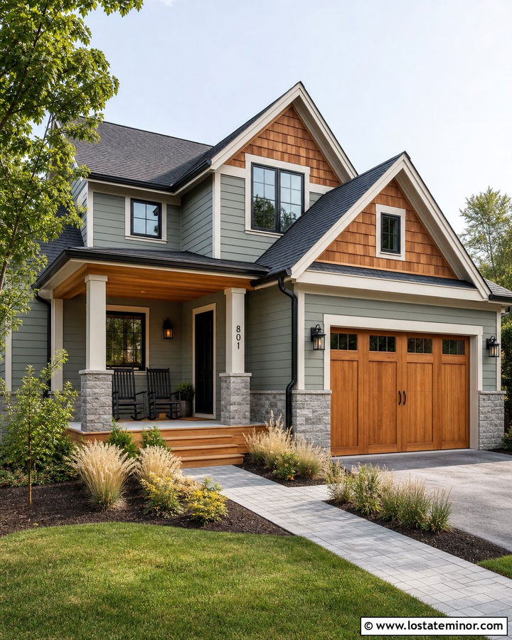 Sage Green House With Cedar And Black Sconces - 30 Sage Green House Design With Light Fixtures Ideas