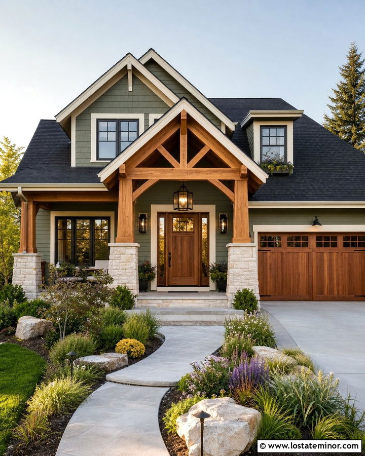 Sage Green House With Cedar Beam Pendant - 30 Sage Green House Design With Lighting Ideas
