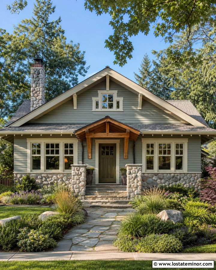 Sage Green House With Cedar Door Awning - 30 Sage Green House Design With Awning Ideas