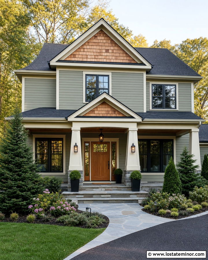 Sage Green House With Cedar Front Door And Shake Gables - 30 Sage Green House Design With Cedar Shake Ideas