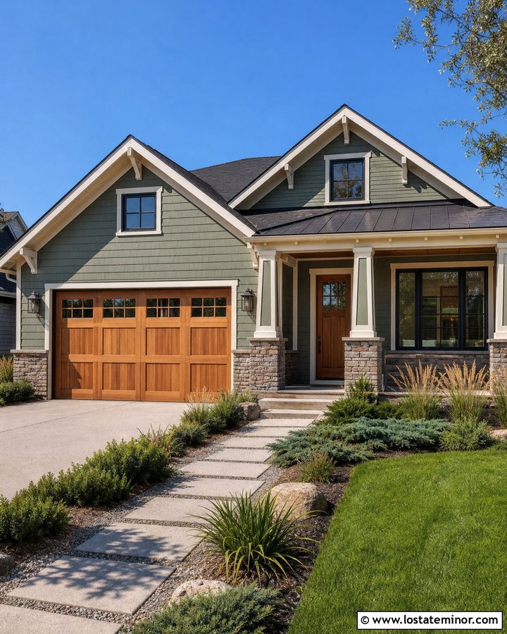 Sage Green House With Cedar Garage And Ornamental Grasses - 30 Sage Green House Design With Front Yard Ideas