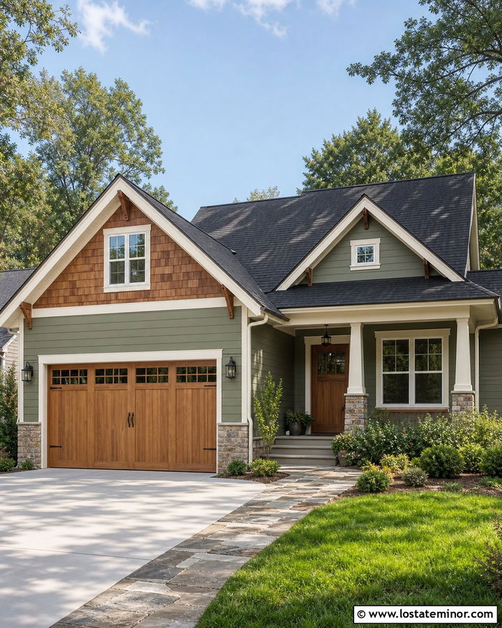 Sage Green House With Cedar Garage Door - 30 Sage Green House Design With Cedar Shake Ideas