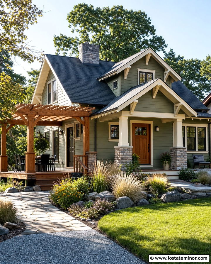 Sage Green House With Cedar Pergola - 30 Sage Green House Design With Pergola Ideas