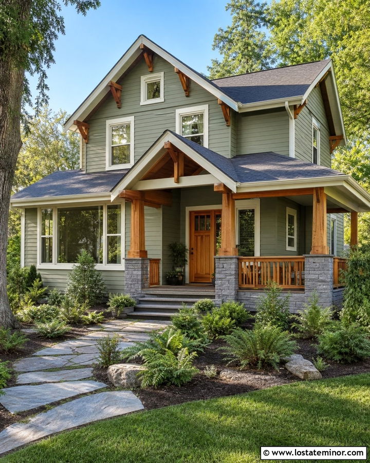 Sage Green House With Cedar Porch Railings - 30 Sage Green House Design With Railings Ideas