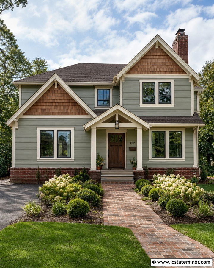 Sage Green House With Cedar Shake And Red Brick - 30 Sage Green House Design With Cedar Shake Ideas