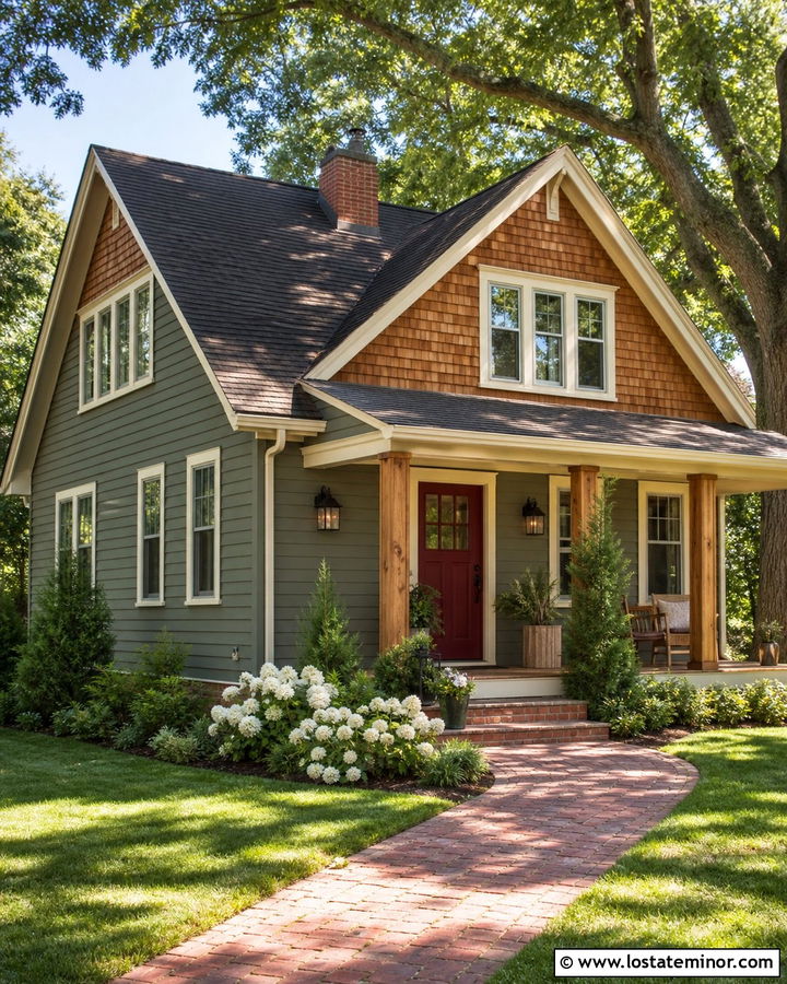 Sage Green House With Cedar Shake And Red Door - 30 Sage Green House Design With Cedar Shake Ideas