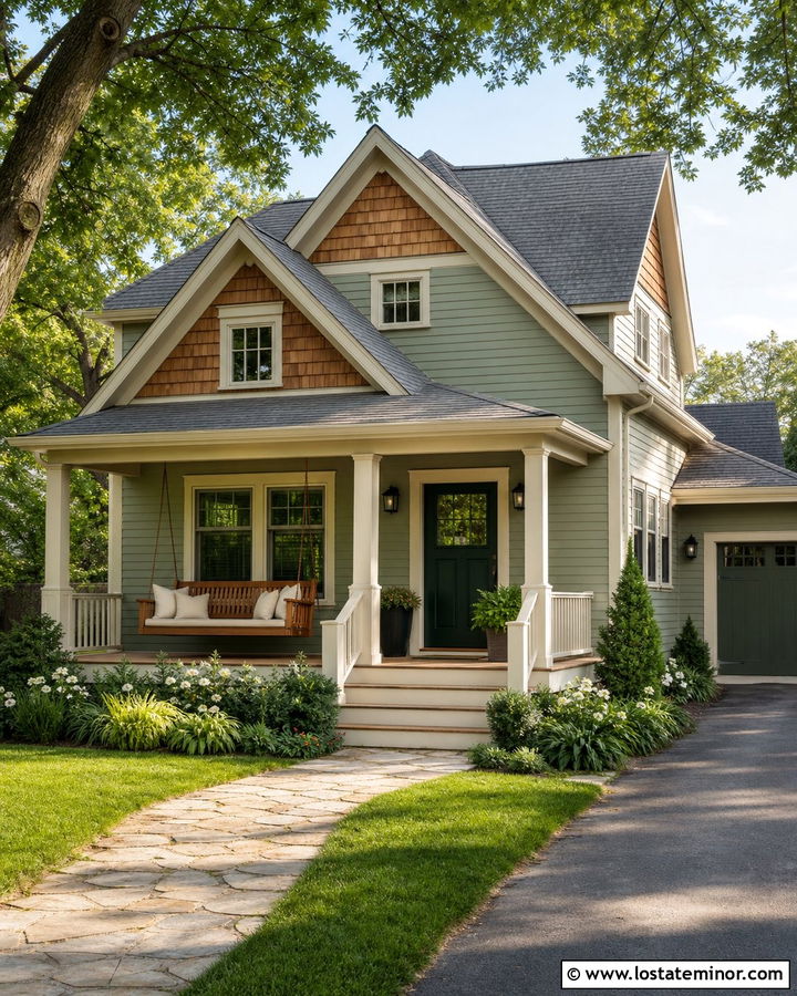 Sage Green House With Cedar Shake Gables And Swing - 30 Sage Green House Design With Swing Ideas