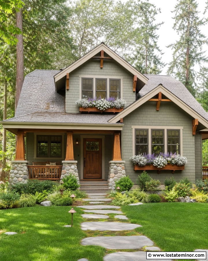 Sage Green House With Cedar Window Boxes - 30 Sage Green House Design With Window Boxes Ideas