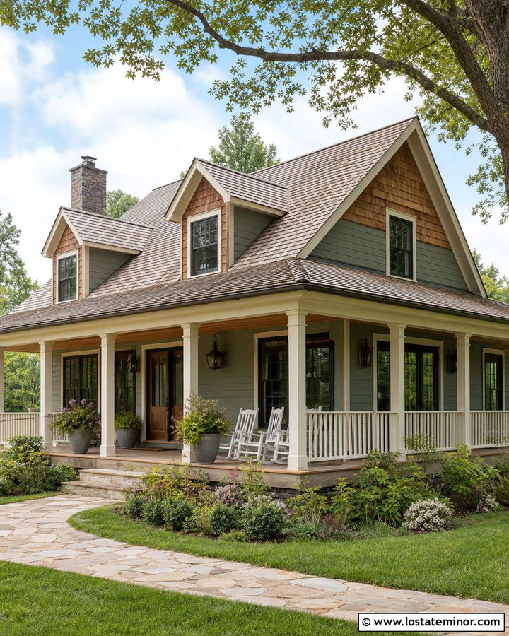 Sage Green House With Cedar Wraparound Porch - 30 Sage Green House Design With Cedar Shake Ideas