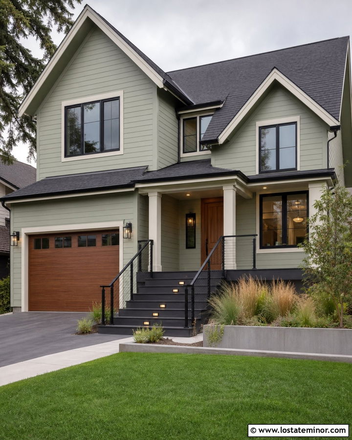 Sage Green House With Charcoal Composite Deck - 30 Sage Green House Design With Deck Ideas