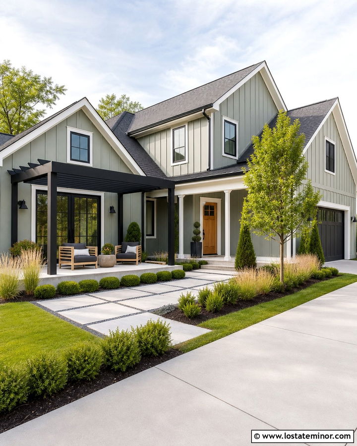 Sage Green House With Charcoal Roof And Black Pergola - 30 Sage Green House Design With Pergola Ideas