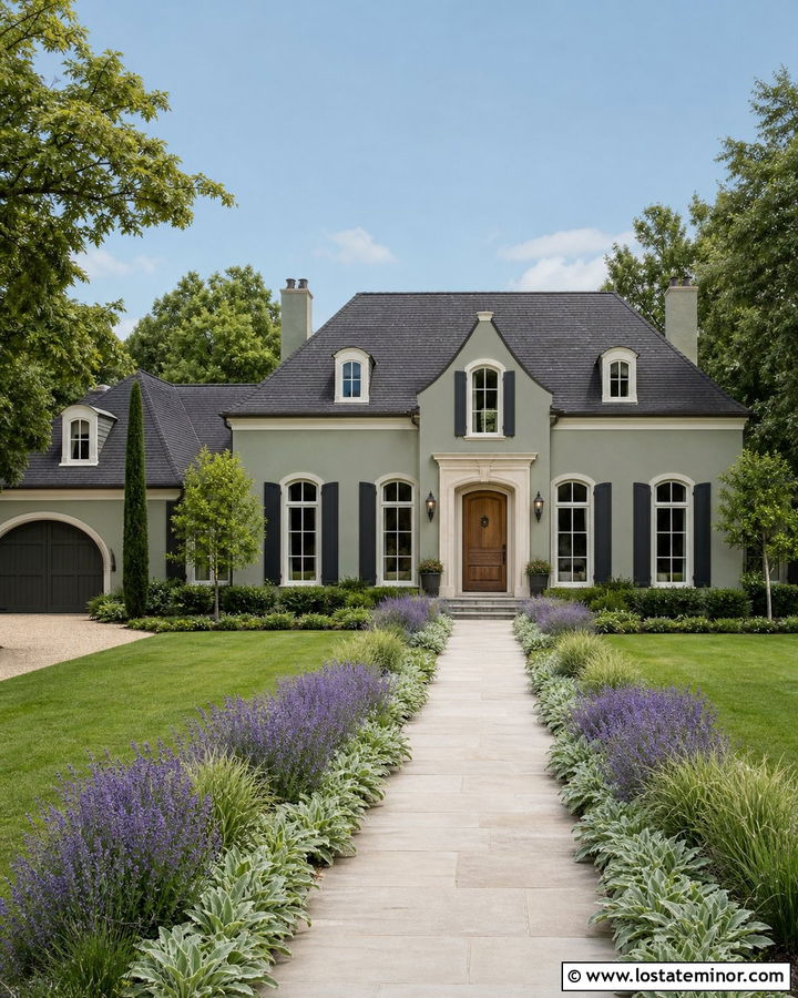 Sage Green House With Charcoal Roof And Lavender Border - 30 Sage Green House Design With Landscaping Ideas