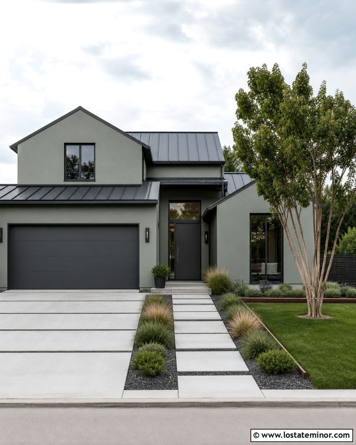 Sage Green House With Charcoal Roof And Modern Lawn - 30 Sage Green House Design With Front Yard Ideas
