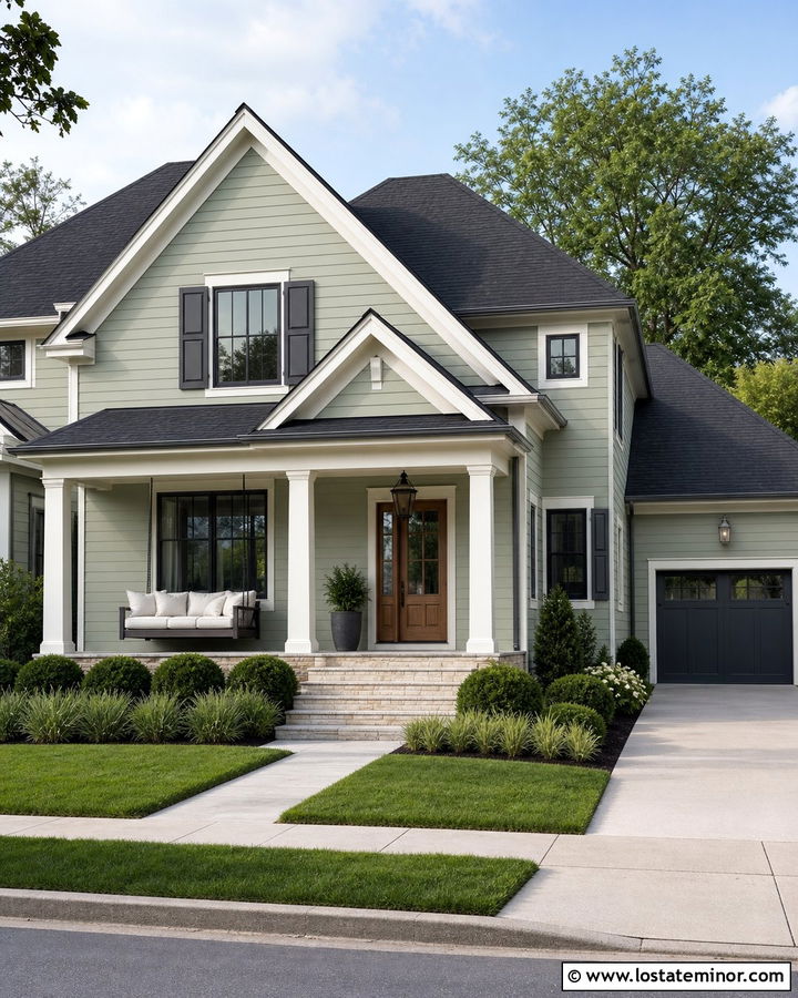 Sage Green House With Charcoal Roof And Porch Daybed - 30 Sage Green House Design With Daybed Ideas