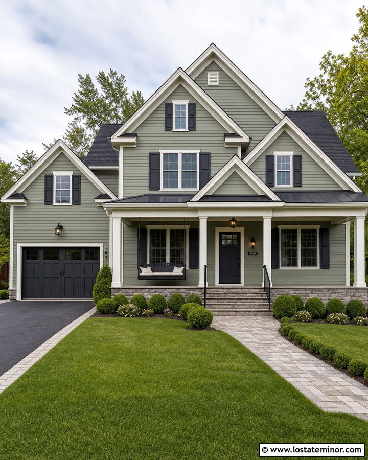 Sage Green House With Charcoal Roof And Swing - 30 Sage Green House Design With Swing Ideas