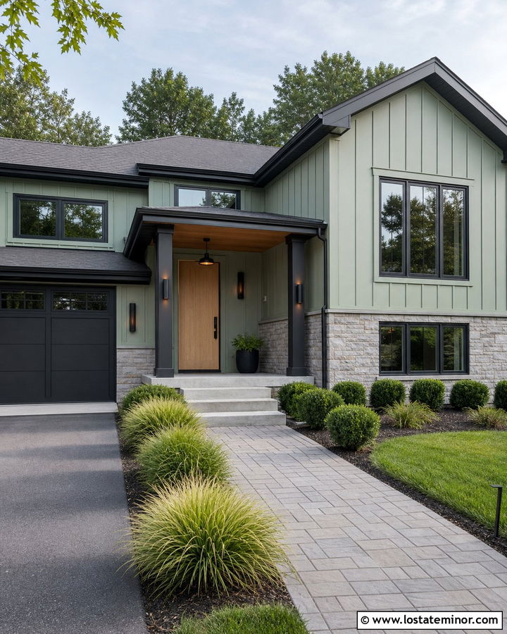 Sage Green House With Charcoal Trim And Up Down Lights - 30 Sage Green House Design With Light Fixtures Ideas