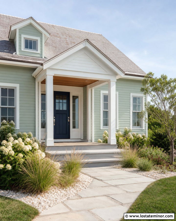 Sage Green House With Coastal Portico - 30 Sage Green House Design With Portico Ideas