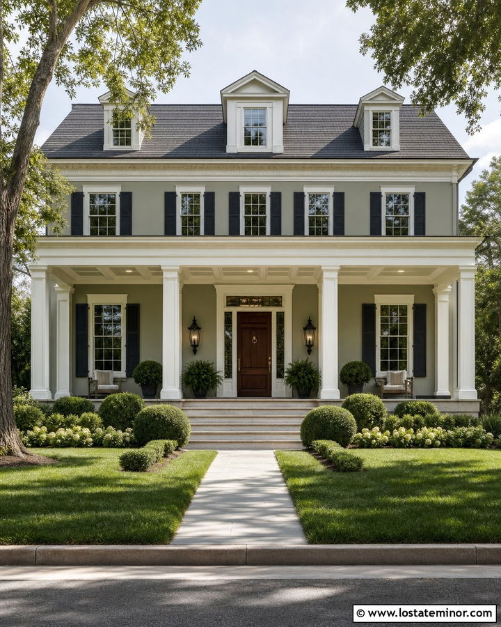 Sage Green House With Coffered Porch Ceiling - 30 Sage Green House Design With Porch Ceiling Ideas