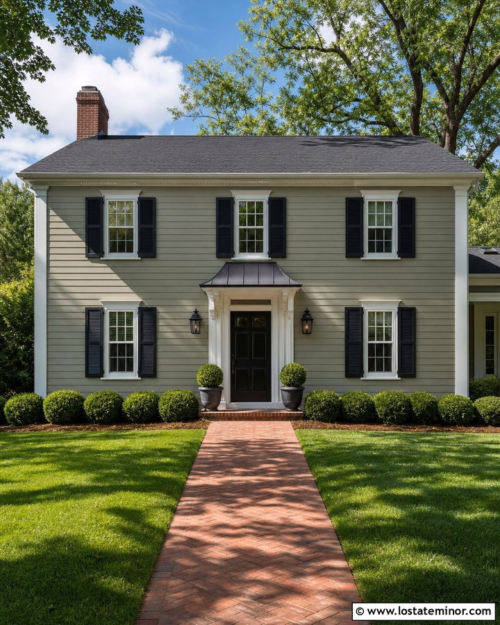 Sage Green House With Colonial Door Hood - 30 Sage Green House Design With Awning Ideas