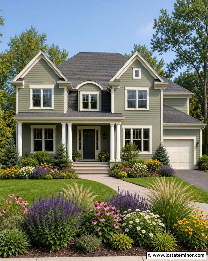Sage Green House With Colorful Perennial Borders - 30 Sage Green House Design With Landscaping Ideas