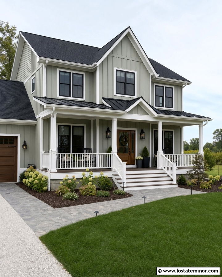 Sage Green House With Composite Deck Steps - 30 Sage Green House Design With Steps Ideas