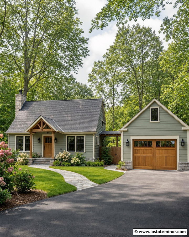 Sage Green House With Coordinated Detached Garage - 30 Sage Green House Design With Garage Door Ideas