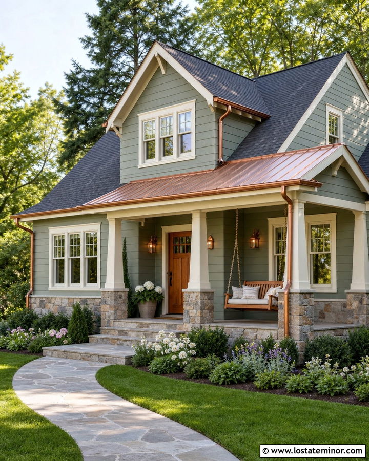 Sage Green House With Copper Accents And Swing - 30 Sage Green House Design With Swing Ideas
