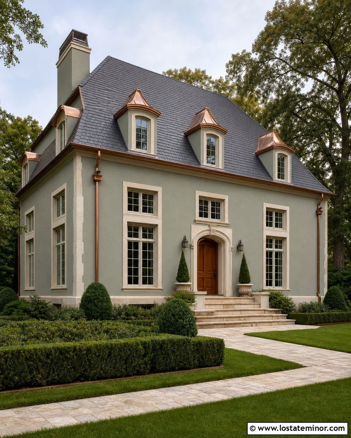 Sage Green House With Copper Dormer Roofs - 30 Sage Green House Design With Dormers Ideas