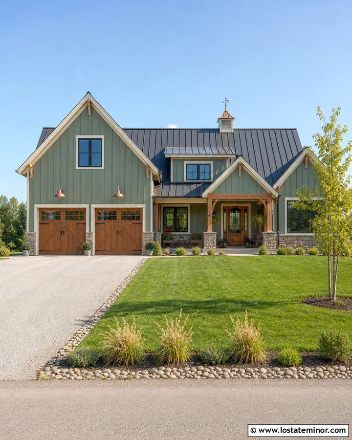Sage Green House With Copper Gooseneck Lights - 30 Sage Green House Design With Lighting Ideas
