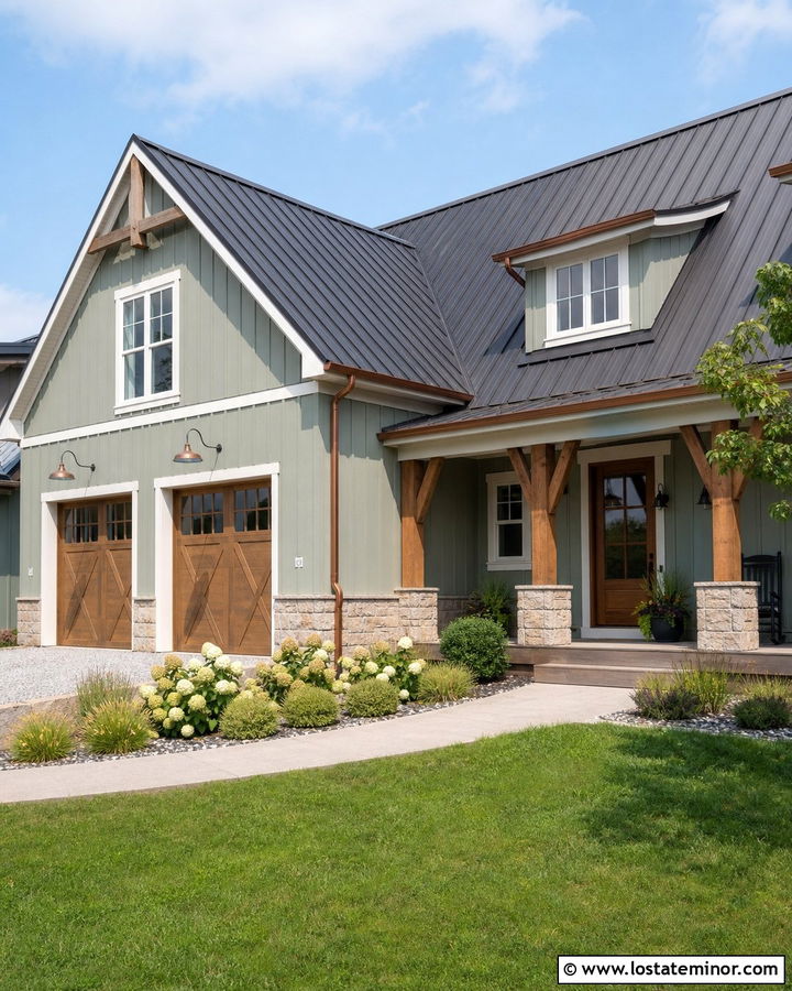 Sage Green House With Copper Gooseneck Lights - 30 Sage Green House Design With Light Fixtures Ideas