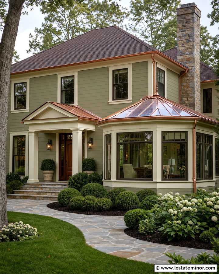Sage Green House With Copper Sunroom Accents - 30 Sage Green House Design With Sunroom Ideas