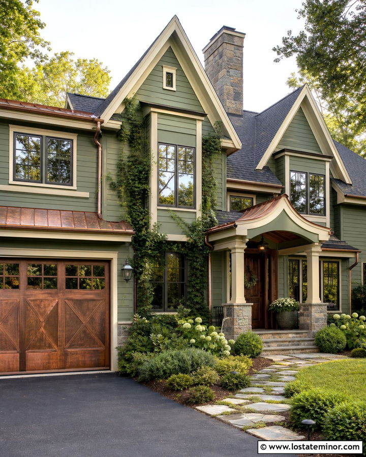 Sage Green House With Copper Tone Garage Door - 30 Sage Green House Design With Garage Door Ideas
