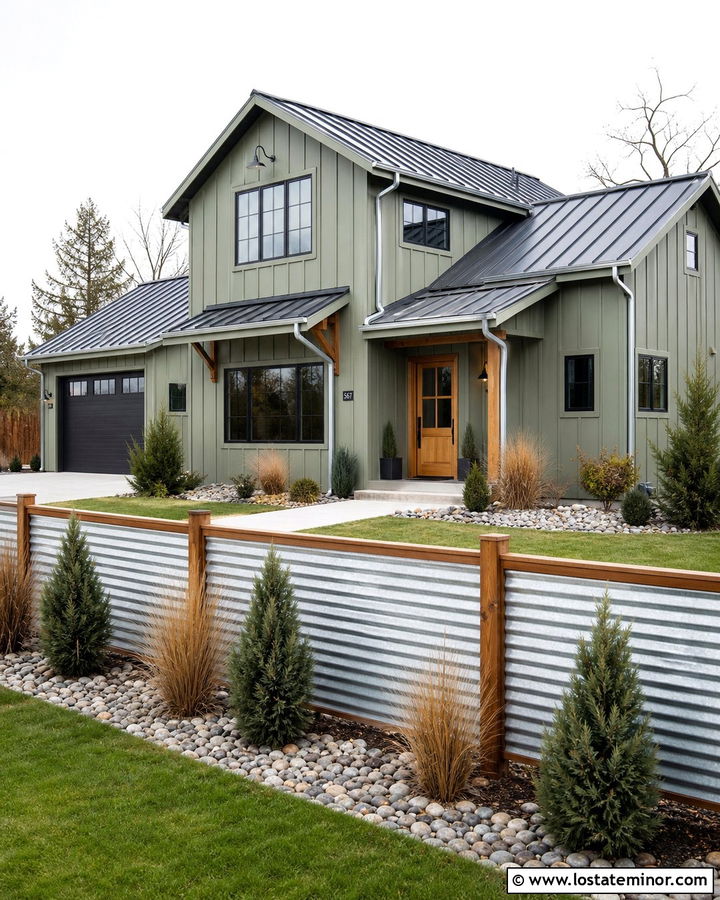 Sage Green House With Corrugated Metal Fence - 30 Sage Green House Design With Fence Ideas