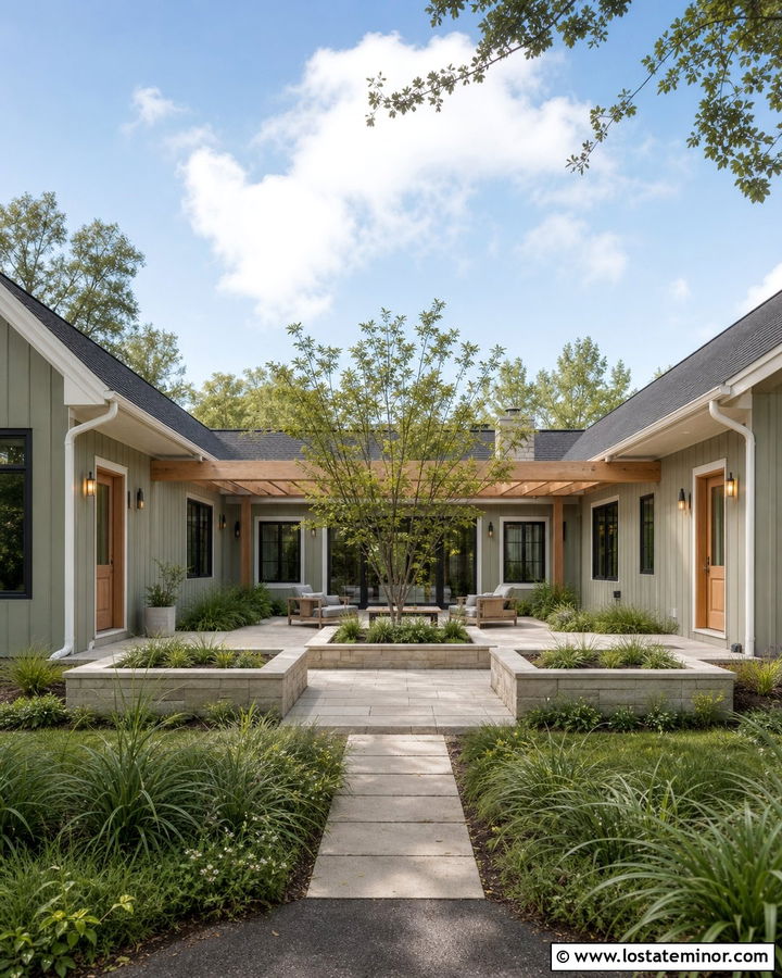 Sage Green House With Courtyard Pergola - 30 Sage Green House Design With Pergola Ideas