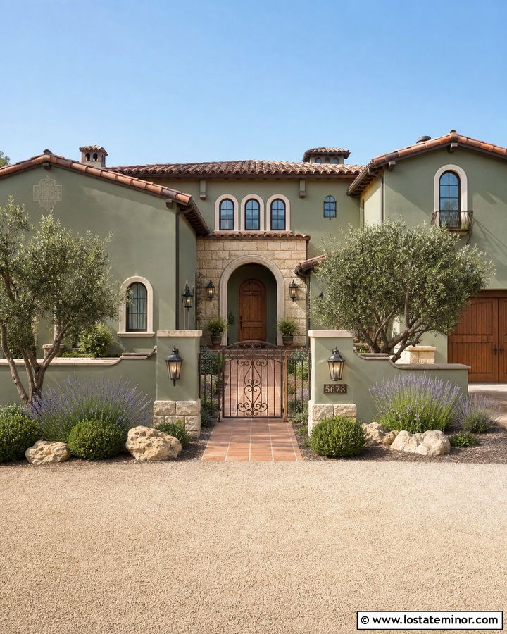 Sage Green House With Courtyard Wall Lights - 30 Sage Green House Design With Lighting Ideas