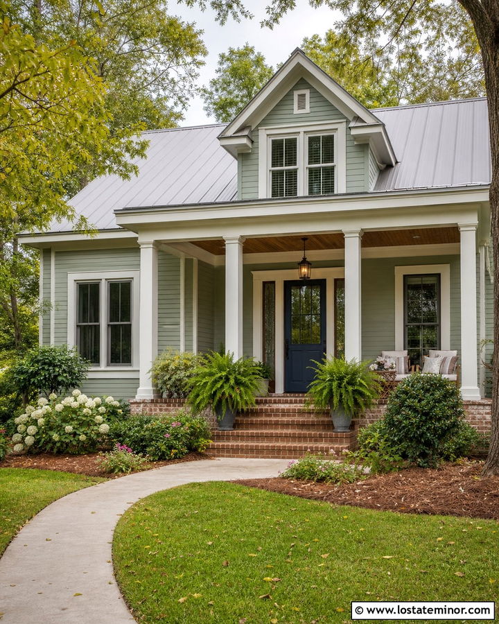 Sage Green House With Covered Porch Entry - 30 Sage Green House Design With Entry Door Ideas