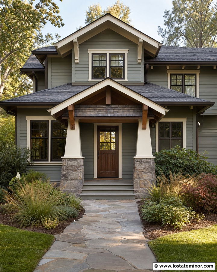 Sage Green House With Craftsman Bracket Awning - 30 Sage Green House Design With Awning Ideas