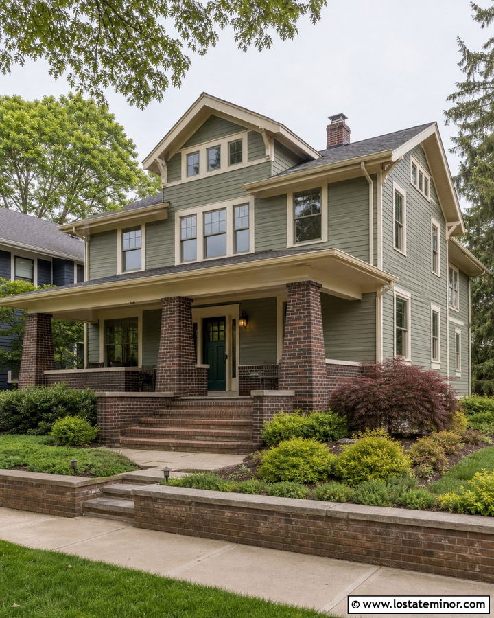 Sage Green House With Craftsman Brick Columns - 30 Sage Green House Design With Porch Columns Ideas