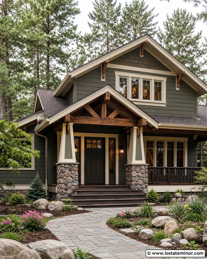 Sage Green House With Craftsman Gable Portico - 30 Sage Green House Design With Portico Ideas