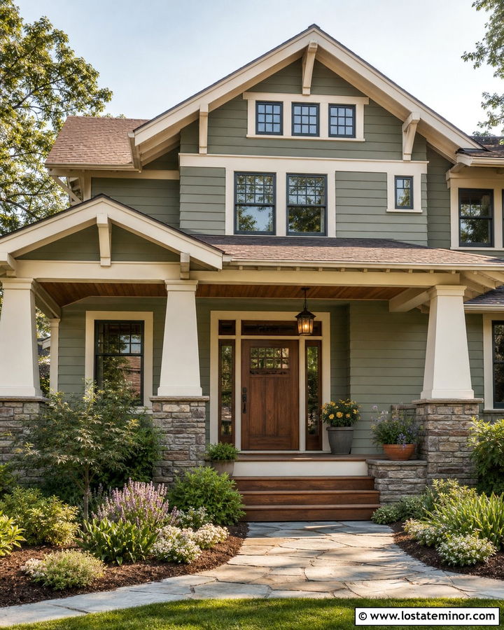 Sage Green House With Craftsman White Columns - 30 Sage Green House Design With Porch Columns Ideas