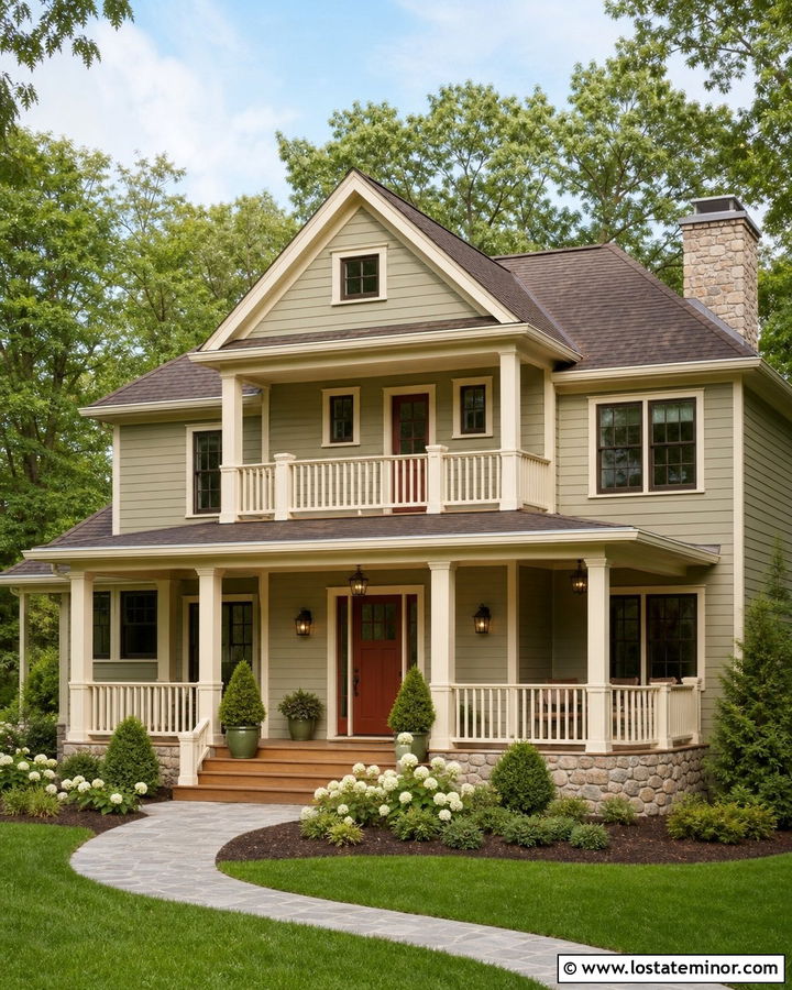 Sage Green House With Cream Deck Railing - 30 Sage Green House Design With Deck Ideas