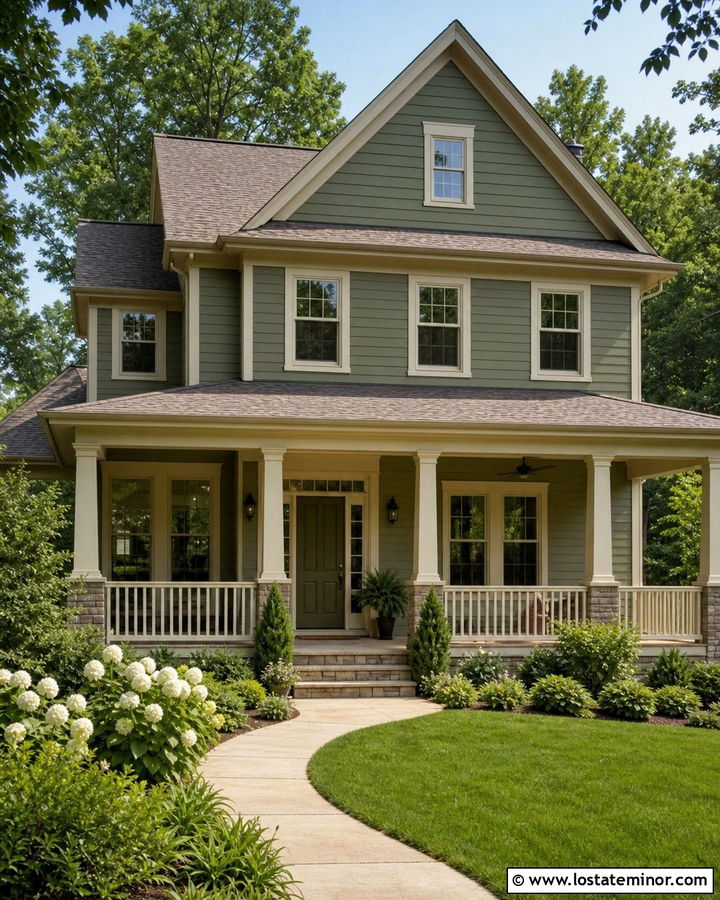 Sage Green House With Cream Porch Columns - 30 Sage Green House Design With Porch Columns Ideas