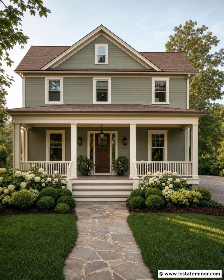 Sage Green House With Cream Porch Railings - 30 Sage Green House Design With Railings Ideas