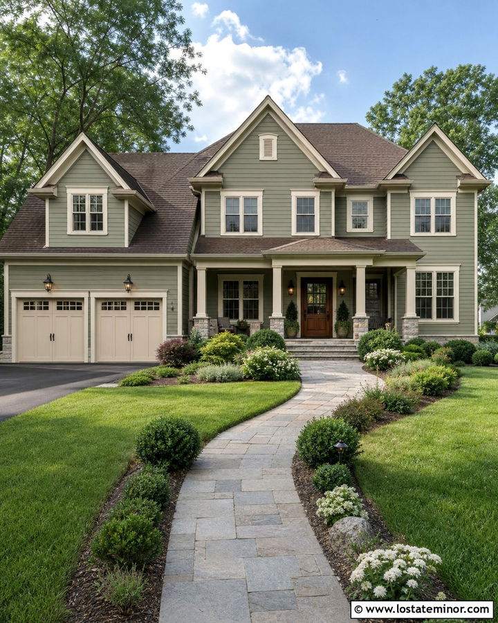 Sage Green House With Cream Trim And Bronze Lights - 30 Sage Green House Design With Light Fixtures Ideas