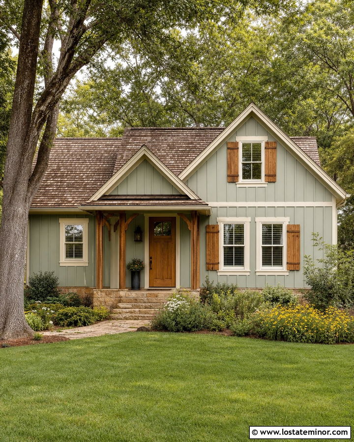 Sage Green House With Cream Trim And Cedar Shutters - 30 Sage Green House Design With Trim Ideas