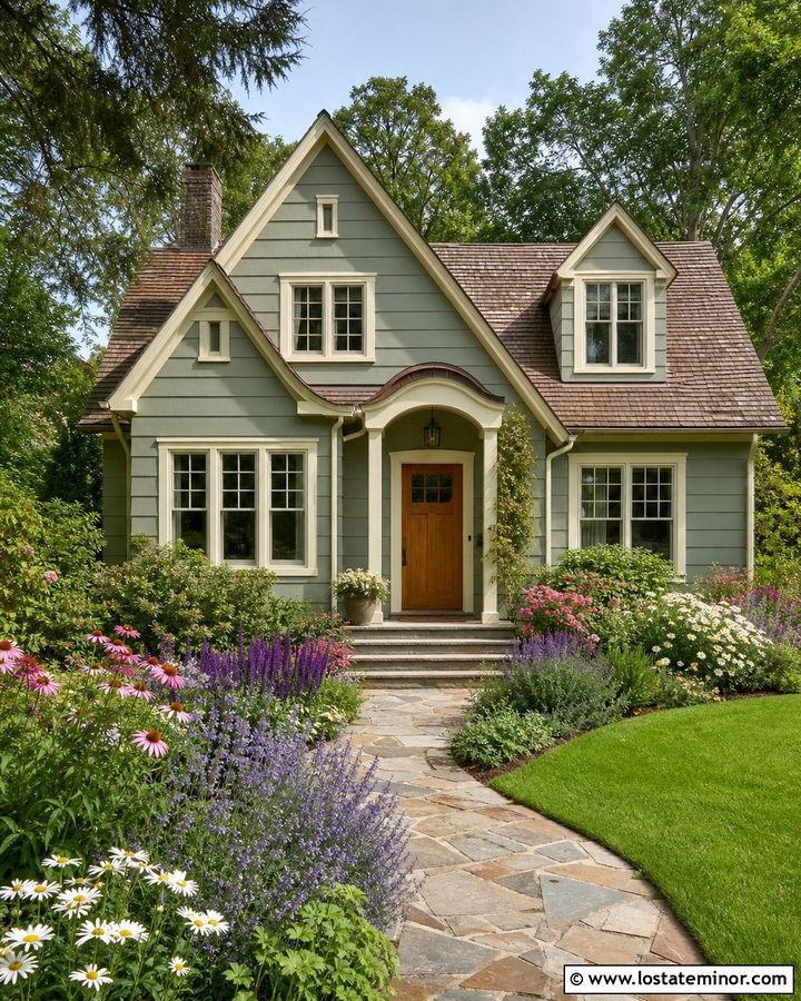 Sage Green House With Cream Trim And Cottage Garden - 30 Sage Green House Design With Landscaping Ideas
